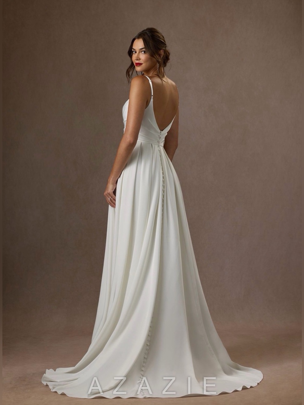 Azazie Caymus Diamond White A-Line Scoop Pleated Crepe Back Satin Dress